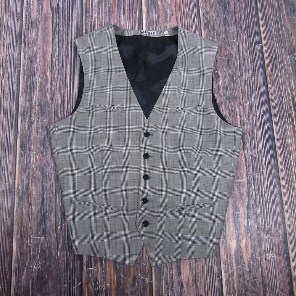 Express‎ Vest Mens Medium Gray Plaid 3 Piece Wool Blend 5-Button Belted
